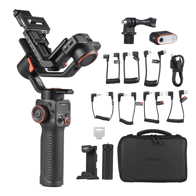 Gimbal Hohem iSteady MT2 Kit – zawartość zestawu: kable, lampa, uchwyty, statyw i torba