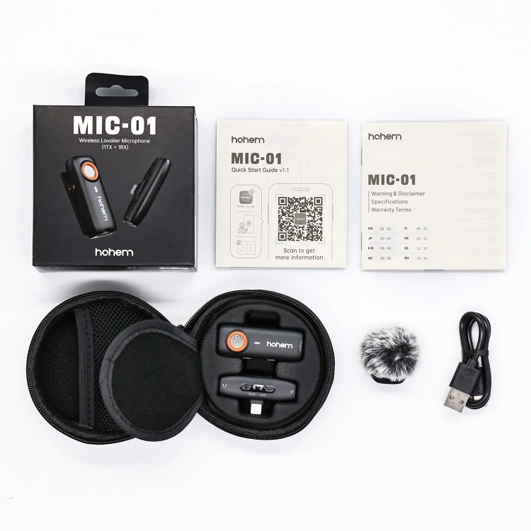 Mikrofon bezprzewodowy Hohem Lavalier MIC-01 1 TX + 1 RX USB-C – rozłożona zawartość zestawu