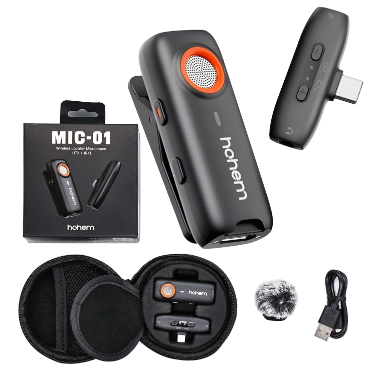Mikrofon bezprzewodowy Hohem Lavalier MIC-01 1 TX + 1 RX USB-C – zestaw z pudełkiem i etui