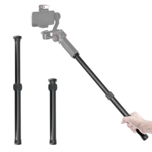 Wysięgnik Hohem T-50 28–50 cm do gimbali – złożony, rozłożony i z gimbalem w dłoni