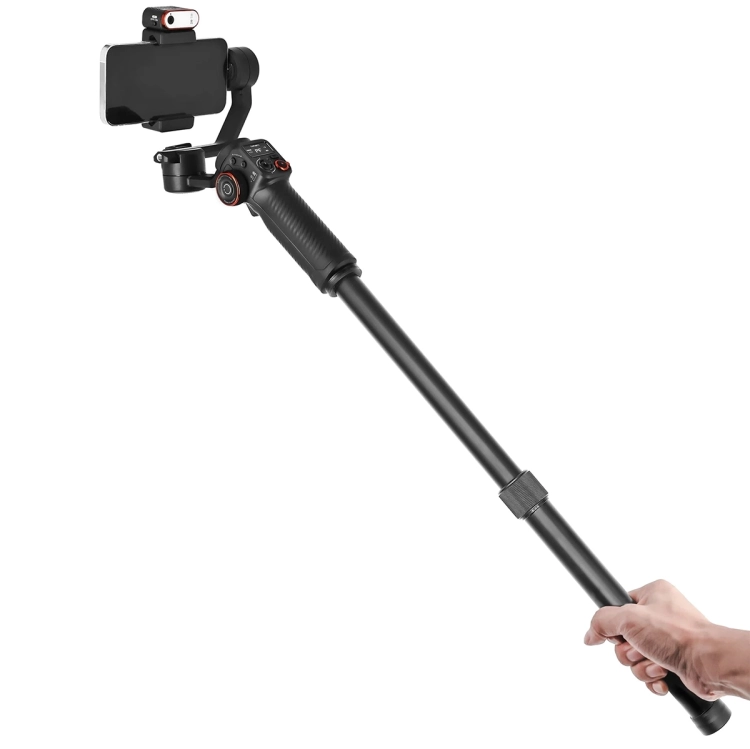 Wysięgnik Hohem T-50 28–50 cm do gimbali – rozłożony wysięgnik z gimbalem i smartfonem w dłoni