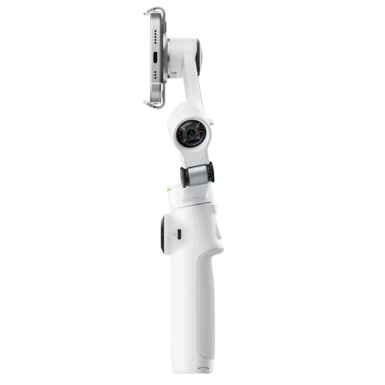 Gimbal Insta360 Flow 2 Pro biały ze smartfonem, widok z profilu