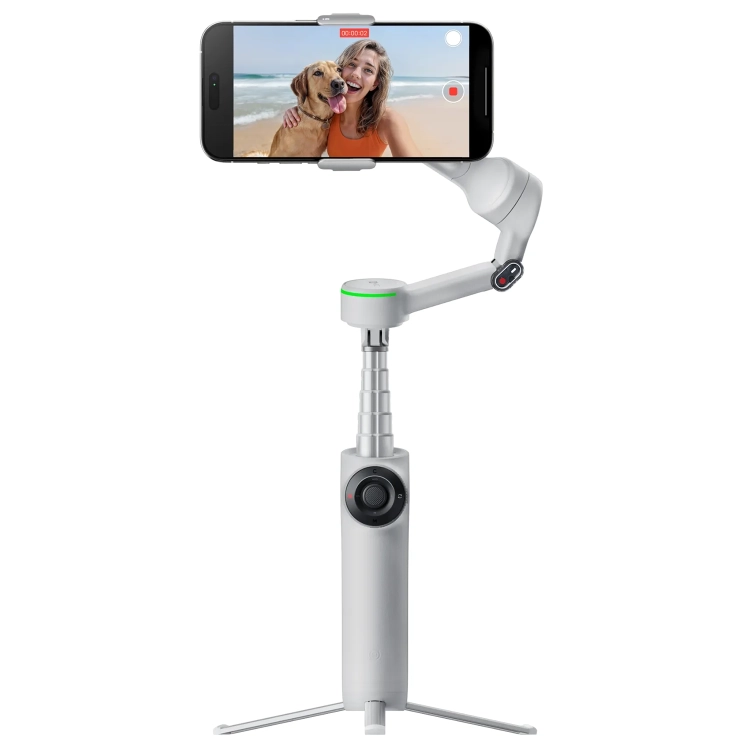 Gimbal Insta360 Flow 2 Pro szary na statywie z wysuniętym kijkiem i smartfonem