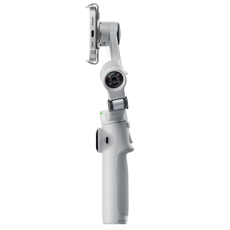 Gimbal Insta360 Flow 2 Pro szary ze smartfonem, widok z profilu