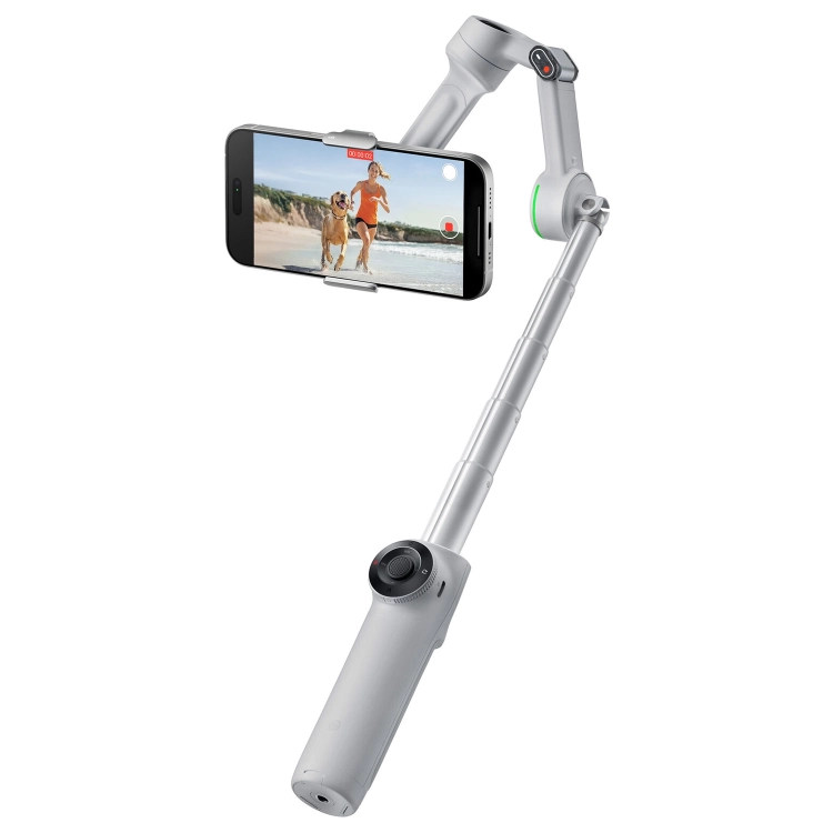 Gimbal Insta360 Flow 2 Pro szary z wysuniętym wysięgnikiem, widok z innej perspektywy