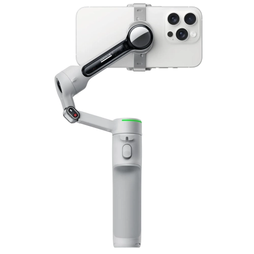 Gimbal Insta360 Flow 2 Pro Creator Bundle szary ze smartfonem, widok z tyłu