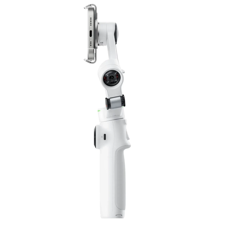 Gimbal Insta360 Flow 2 Pro Creator Bundle biały ze smartfonem, widok z profilu