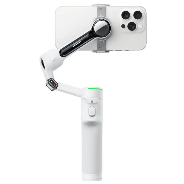 Gimbal Insta360 Flow 2 Pro Creator Bundle biały ze smartfonem, widok z tyłu