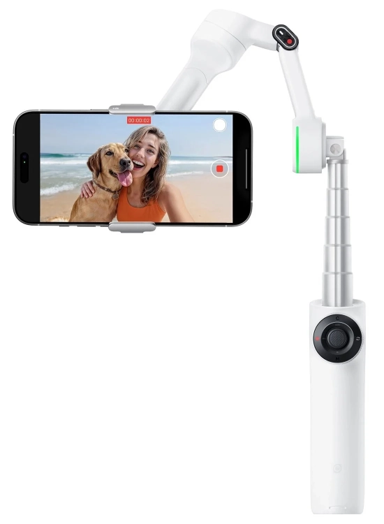 Gimbal Insta360 Flow 2 Pro Creator Bundle biały na wysięgniku ze smartfonem, widok z tyłu