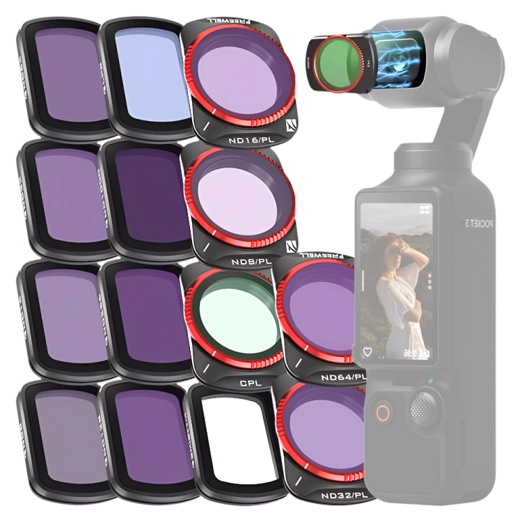 Zestaw 14 filtrów Freewell do DJI Osmo Pocket 3 – filtry obok kamery z filtrem na obiektywie