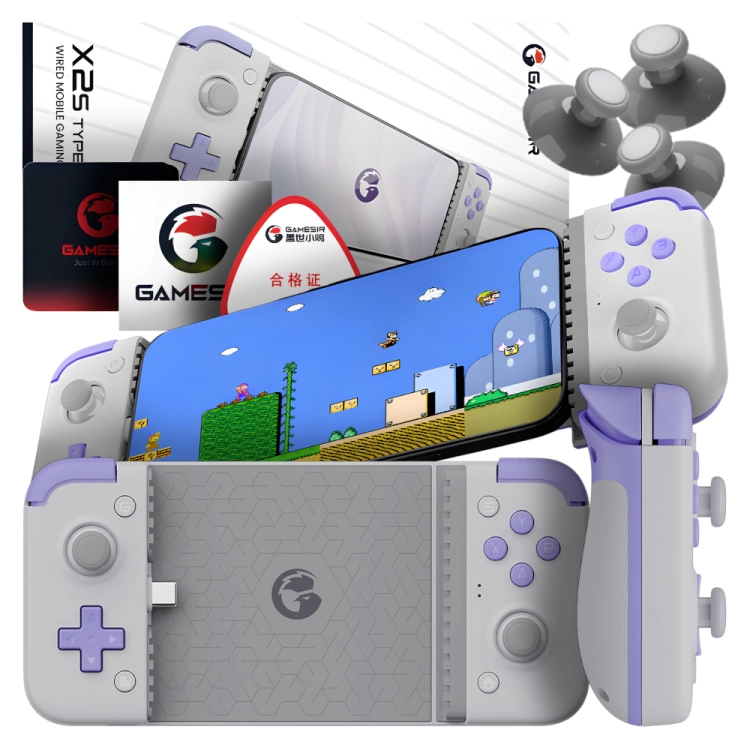 Kontroler mobilny GameSir X2s USB-C fioletowo-szary ze smartfonem, gałkami i pudełkiem