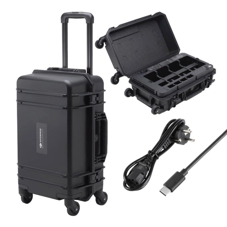 Stacja ładowania DJI BS65 w walizce na kółkach z przewodem zasilającym