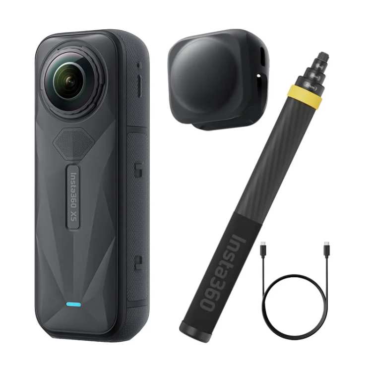Zestaw Insta360 X5 No Drone Bundle – kamera, osłona obiektywu, karbonowy kijek i kabel