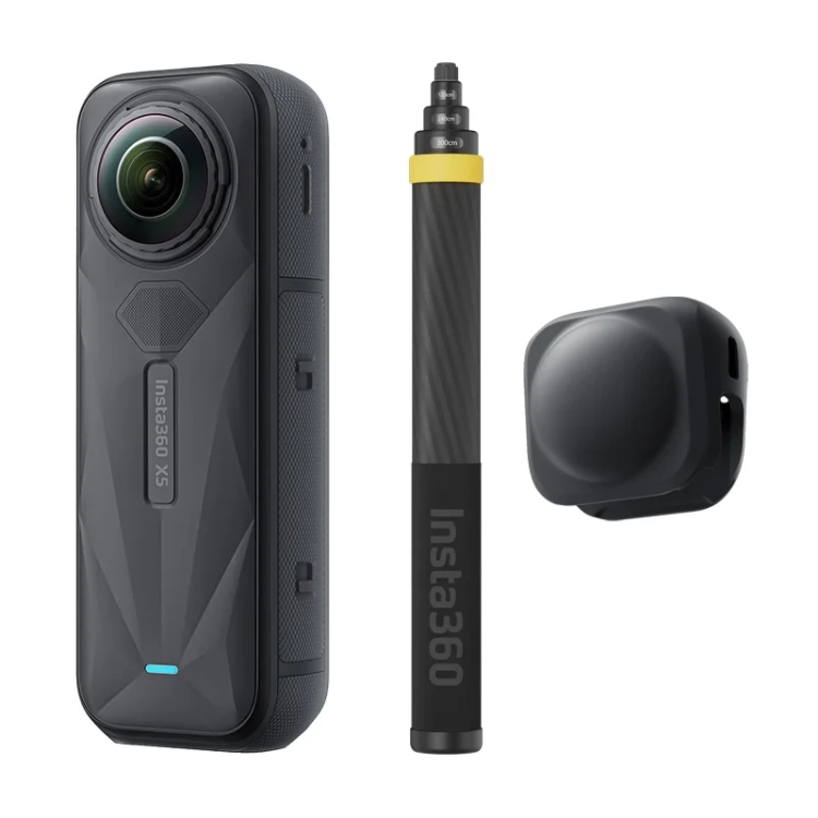 Zestaw Insta360 X5 No Drone Bundle – kamera, pionowy karbonowy kijek i osłona obiektywu