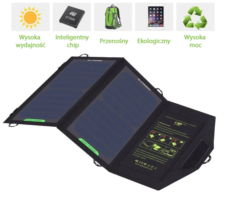 Panel fotowoltaiczny, ładowarka solarna Allpowers AP-SP5V 10W - szerokie zastosowanie.webp