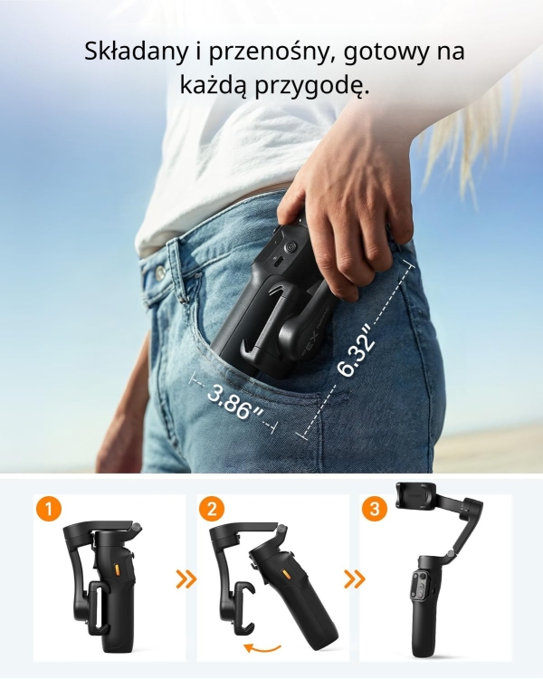 Kompaktowy, składany stabilizator hohem iSteady X3 SE Plus z aplikacją Hohem Joy, śledzeniem AI i sterowaniem gestami.