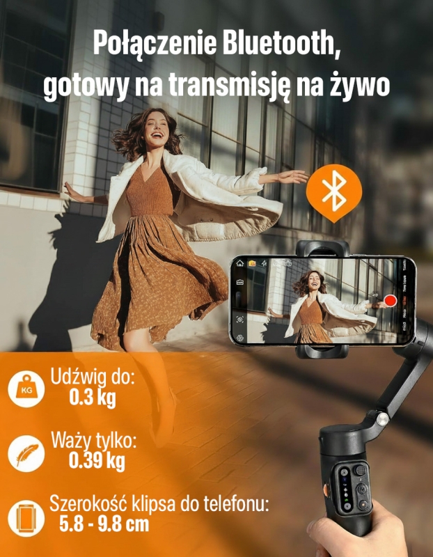 3-osiowy gimbal do smartfona hohem iSteady X3 SE Plus z pilotem i 8-calowym selfie-stickiem, kolor czarny.