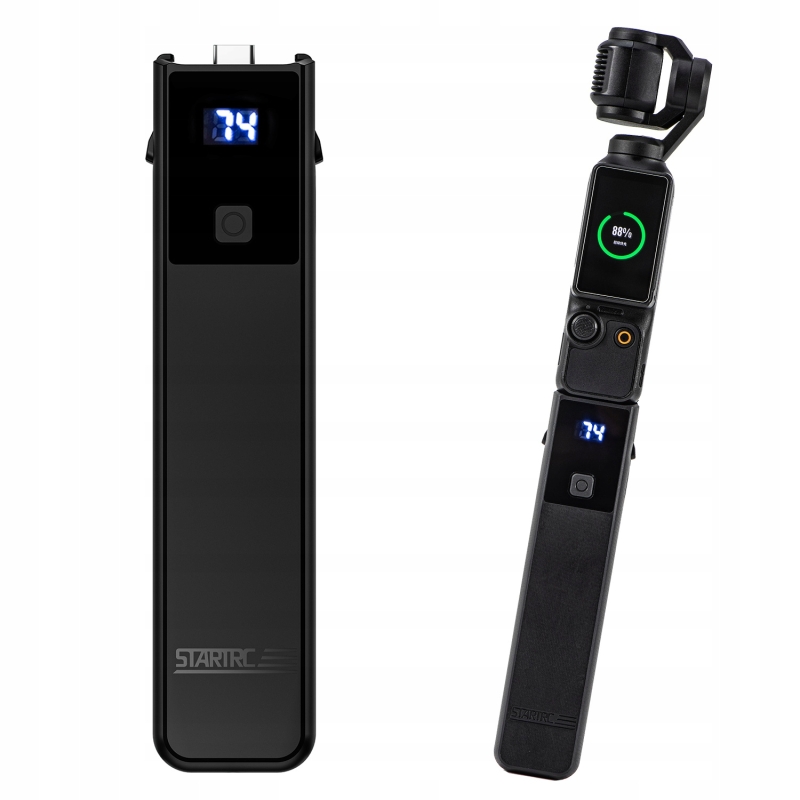 Uchwyt z baterią STARTRC 6000 mAh – DJI Pocket 3 na statywie dzięki gwintowi 1/4" i ładowaniu 20 W.