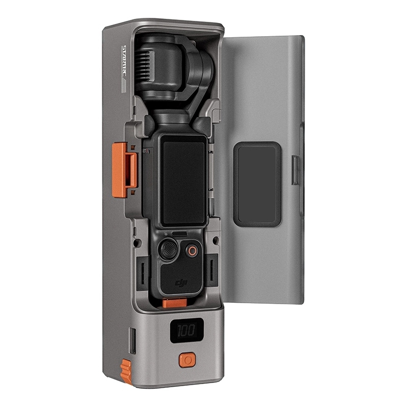 Etui STARTRC do Osmo Pocket 3 – kompaktowy case 5,6×5,6×19,2 cm z baterią 9000 mAh i czytelnym wskaźnikiem LCD.