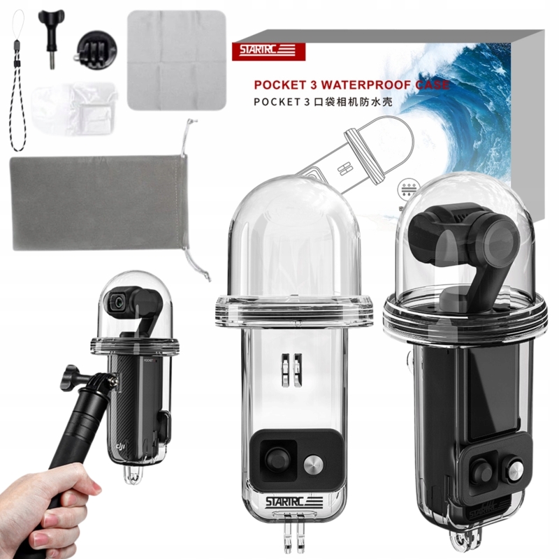 Etui nurkowe STARTRC do DJI Pocket 3 – trwała konstrukcja PC, obsługa przez silikonowe przyciski, zanurzenie do 45 metrów.