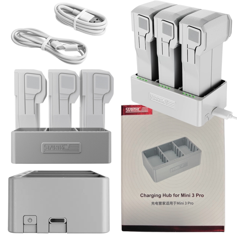 Hub ładowarka 3w1 STARTRC do DJI Mini 4 Pro / Mini 3 Pro / Mini 3 – kompaktowa stacja do trzech baterii z inteligentnym ładowaniem sekwencyjnym.