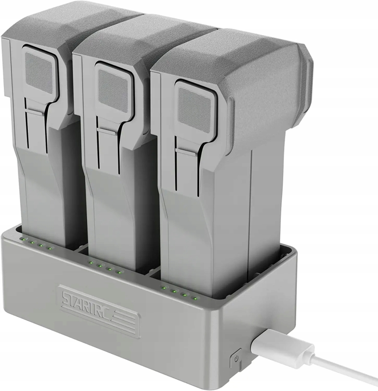 Stacja ładująca STARTRC do dronów DJI Mini – trzy sloty akumulatorów, wskaźniki LED poziomu i obudowa z wytrzymałego ABS.