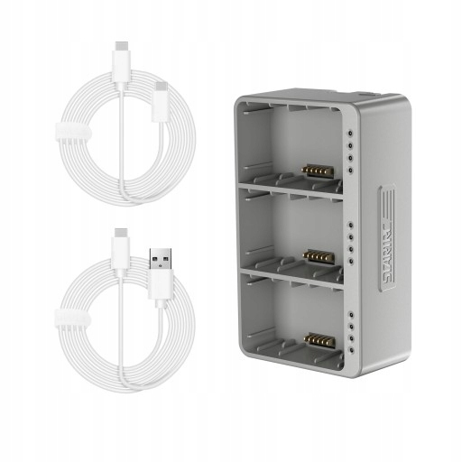 STARTRC Portable Battery Charging Hub – zbliżenie na trzy gniazda baterii DJI Mini i czterostopniowy wskaźnik LED.