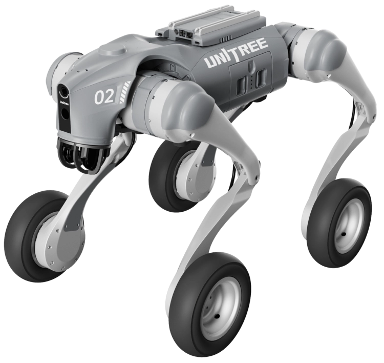 Unitree Go2-W – hybrydowy robot kołowo-kroczący do inspekcji i monitoringu z prędkością do ~2,5 m/s na kołach.