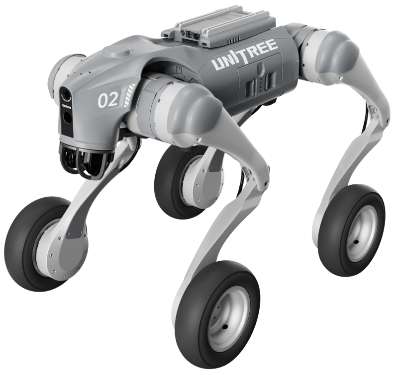 Unitree Go2-W – hybrydowy robot kołowo-kroczący do inspekcji i monitoringu z prędkością do ~2,5 m/s na kołach.