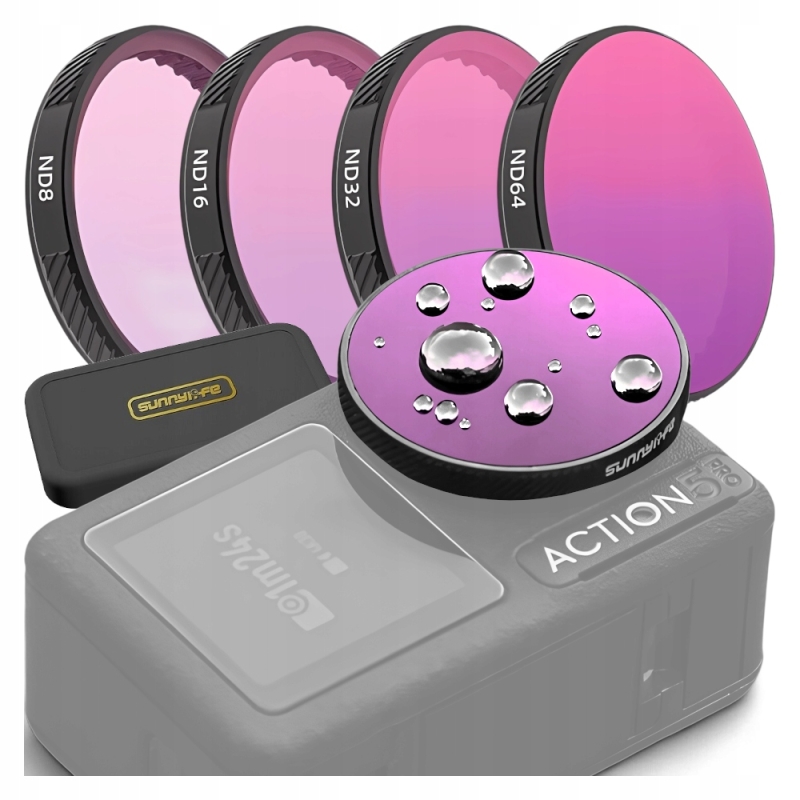 Zestaw 4 filtrów Sunnylife ND8/16/32/64 do DJI Action 5 Pro, Action 4 i Action 3 – pełna kontrola ekspozycji w słońcu.