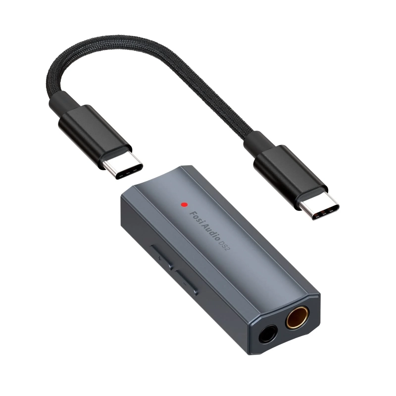 Przenośny DAC/AMP Fosi DS2 z kablem USB-C na biurku