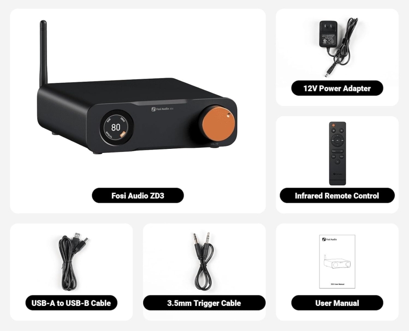 Fosi Audio ZD3 – komplet w pudełku: DAC, zasilacz 12 V 1.5 A, antena BT, pilot i dokumentacja