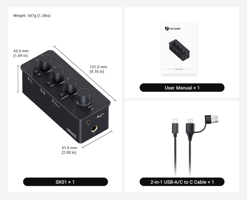 Fosi Audio SK01 – kompaktowa aluminiowa obudowa; ergonomiczny układ sterowania