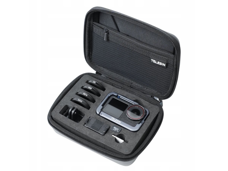 Pokrowiec do DJI Action 3/4/5 Pro – przegrody i kieszeń siatkowa na akcesoria.