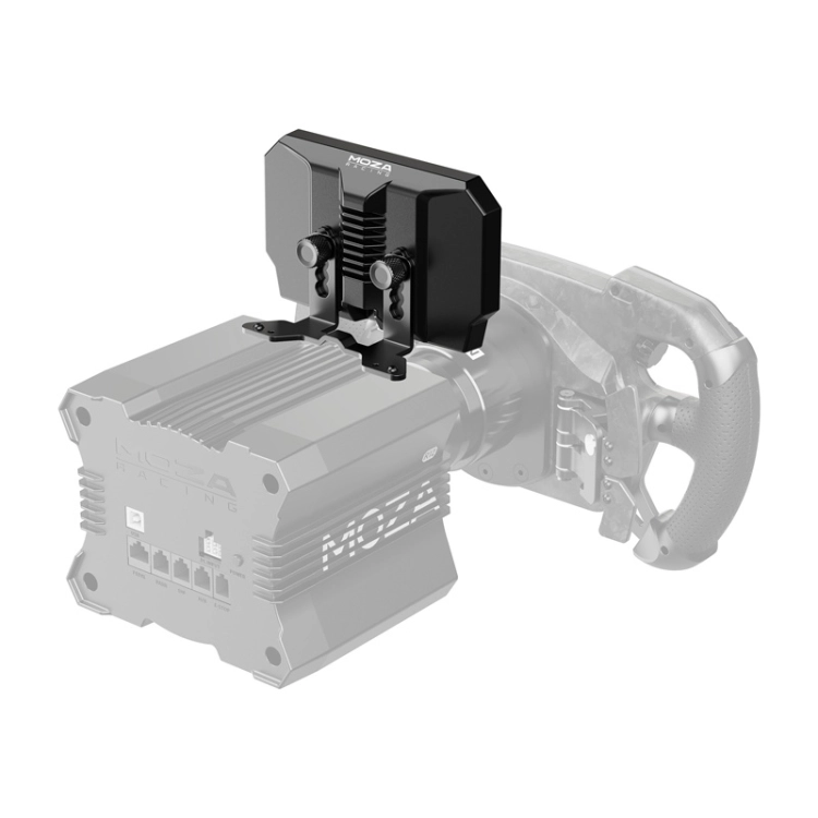 Ekran Moza CM2 RS072 pokazujący parametry wyścigu na tle czerwonego auta torowego
