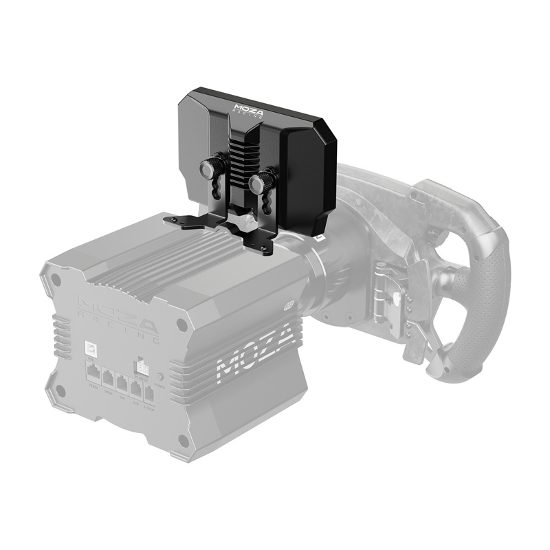 Ekran Moza CM2 RS072 pokazujący parametry wyścigu na tle czerwonego auta torowego