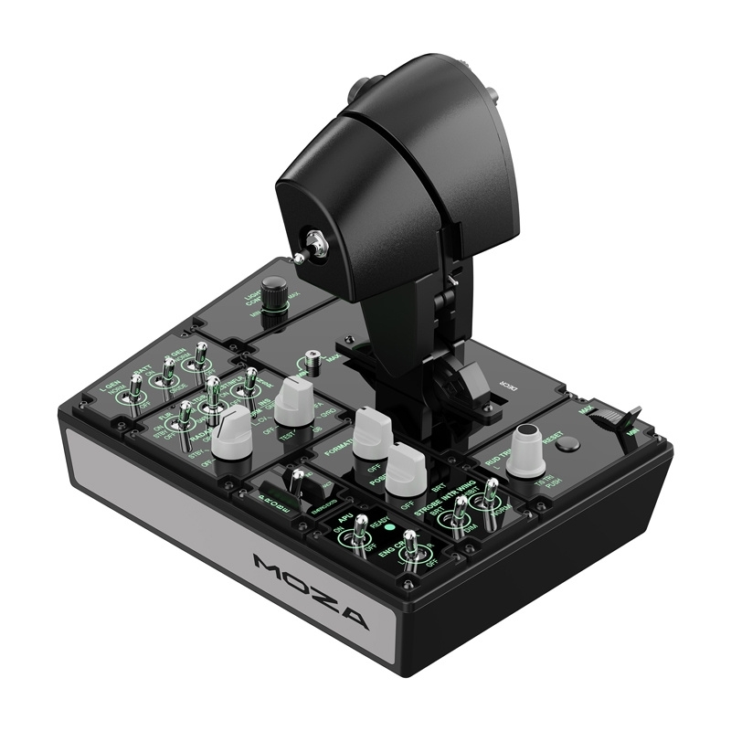 Przepustnica Moza Racing MTP AS008 z podświetlonym panelem i licznymi przełącznikami do symulatorów lotu