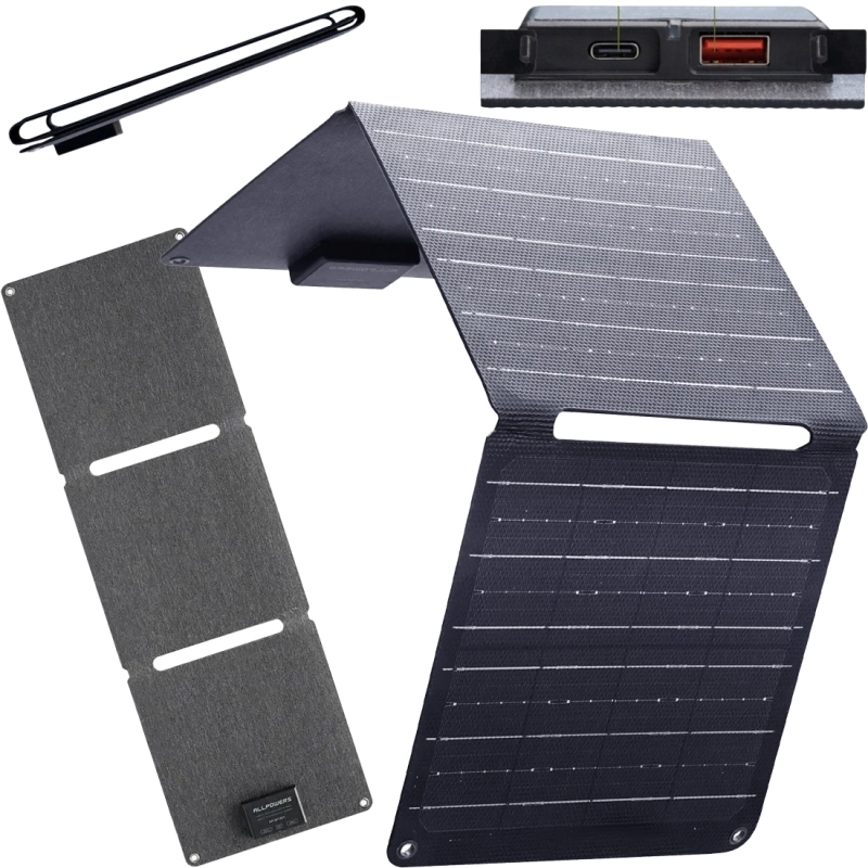 Panel solarny ALLPOWERS SP001 21W rozłożony na kempingu obok namiotu