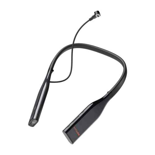 VITURE Pro 256GB – czarna opaska na szyję z przewodem i słuchawkami na białej geometrycznej powierzchni.