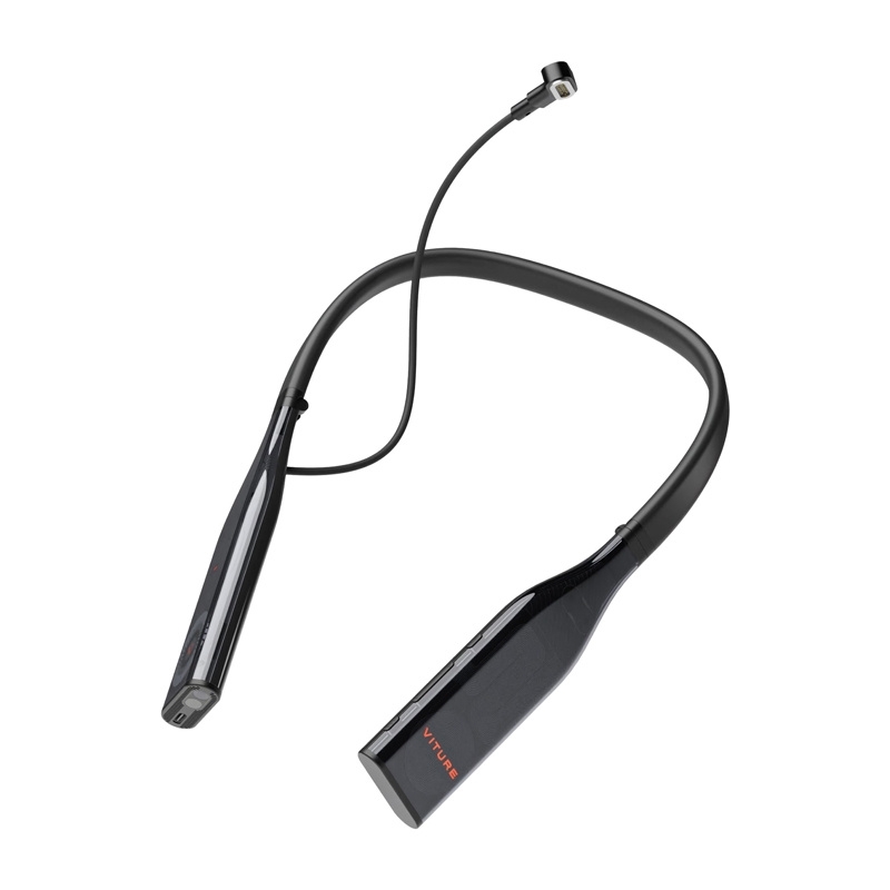 VITURE Pro 256GB – czarna opaska na szyję z przewodem i słuchawkami na białej geometrycznej powierzchni.