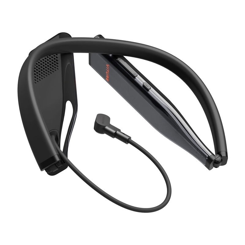 Czarny neckband VITURE Pro na błyszczącej, zakrzywionej powierzchni w fioletowo-niebieskim świetle studyjnym.