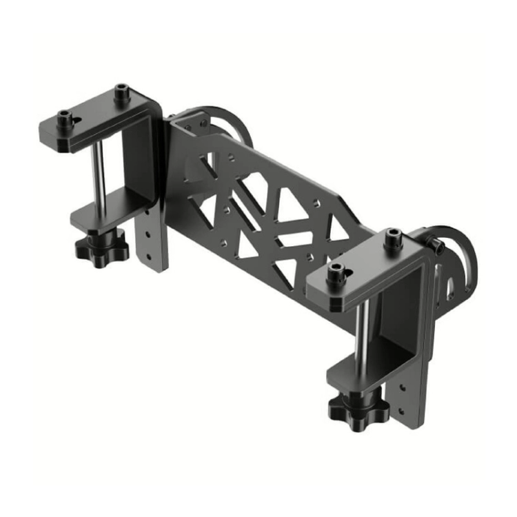 Zacisk do biurka Moza Racing RS062 zamontowany do bazy kierownicy Direct Drive.