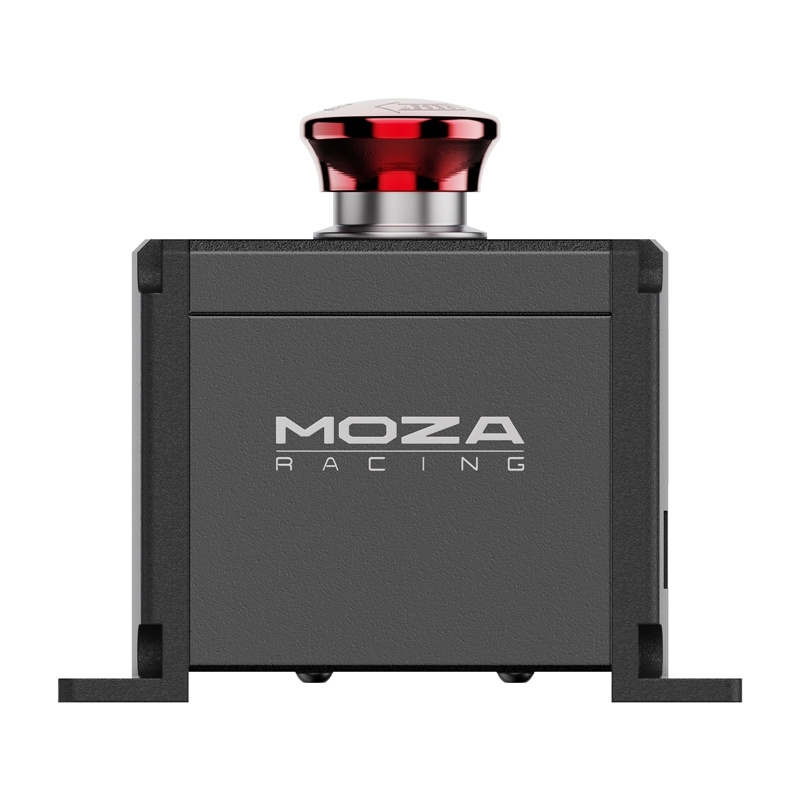 Widok z góry na przycisk E-Stop Moza Racing na ciemnym tle.