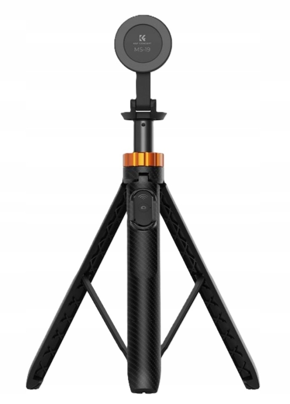 Statyw magnetyczny K&F Concept 162cm z zamontowanym smartfonem w plenerze.