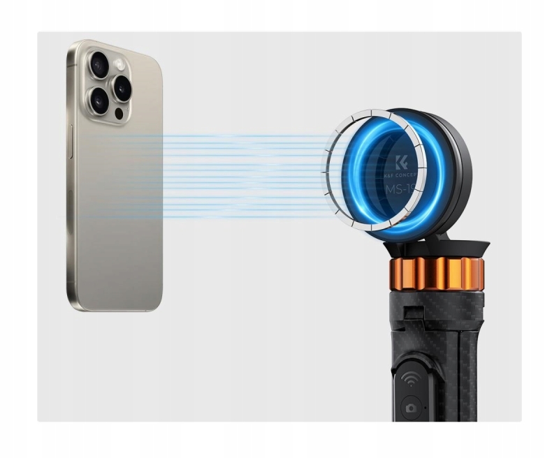 Uchwyt MagSafe w statywie K&F Concept umożliwia błyskawiczny montaż telefonu iPhone.