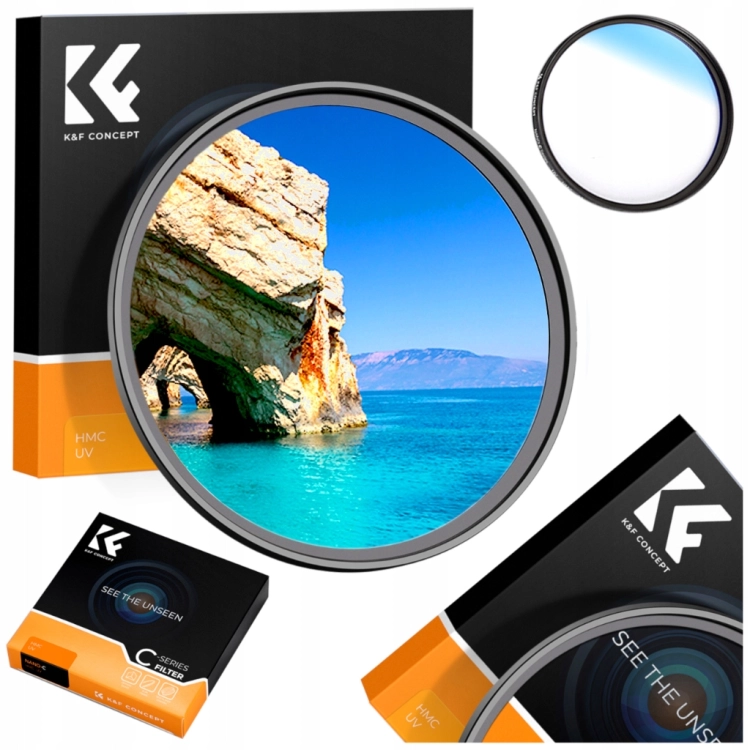 Filtr UV K&F Concept 67mm z niebieskimi powłokami antyrefleksyjnymi.