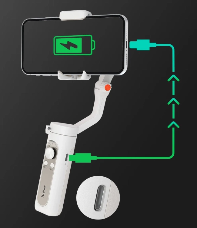 Gimbal Hohem iSteady X2 – infografika ładowania telefonu z akumulatora gimbala