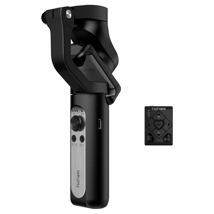 Gimbal Hohem iSteady X2 czarny złożony, pilot obok, widok pod kątem