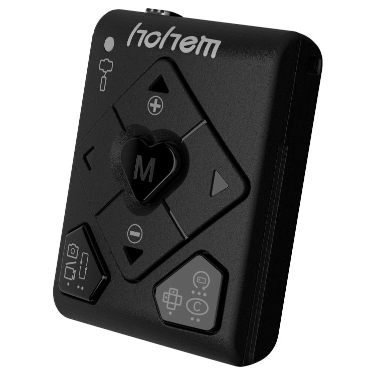 Gimbal Hohem iSteady X2 czarny – pilot zdalnego sterowania z logo, widok pod kątem