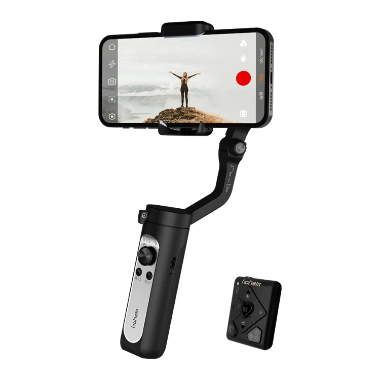 Gimbal Hohem iSteady X2 czarny ze smartfonem w poziomie i pilotem obok, widok z przodu
